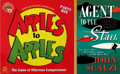 The cover of Apples to Apples boardgame and the cover of Agent to the Stars by John Scalzi