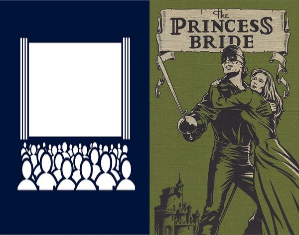 Graphic of people looking at a movie screen and the Cover of The Princess Bride by William Goldman