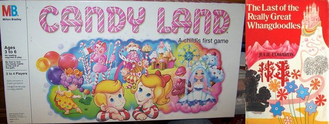 The cover of Candyland boardgame and the cover of The Last of the Really Great Whangdoodles by Julie Edwards