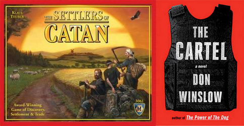 The cover of The Settlers of Catan boardgame and the cover of The Cartel by Don Winslow