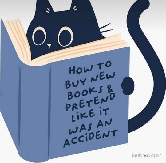 A Wide-Eyed Cat reading a book titled 'How to Buy New Books & Pretend Like It Was an Accident'