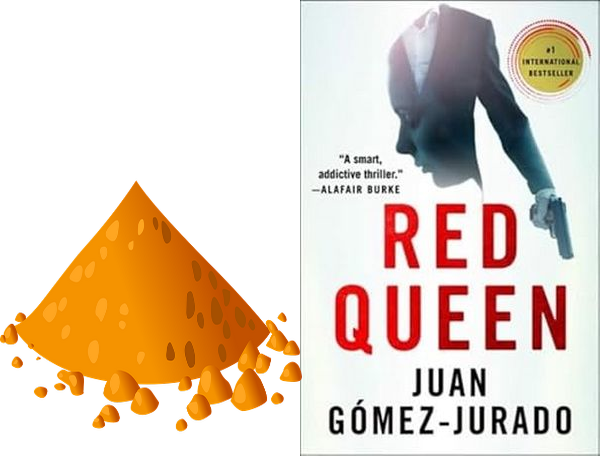 Graphic of a pile of sand and the Cover of Red Queen by Juan Gómez-Jurado