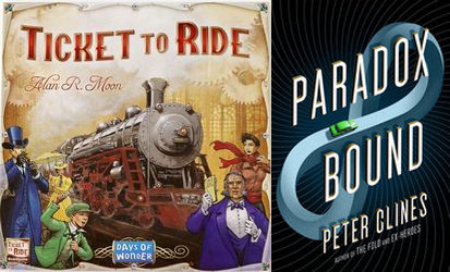 The cover of Ticket to Ride boardgame and the cover of Paradox Unbound by Peter Clines