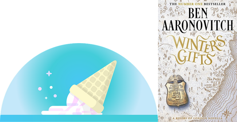 Graphic of an ice cream cone on the ground and the Cover of Winter's Gifts by Ben Aaronovitch