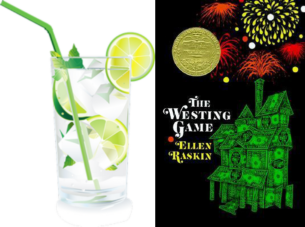 Graphic of an iced drink and the Cover of The Westing Game by Ellen Raskin