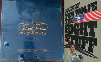 The cover of Trivial Pursuit boardgame and the cover of The Right Stuff by Tom Wolfe